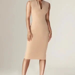 Lianna Deep Slit Neckline Midi Dress - Khaki